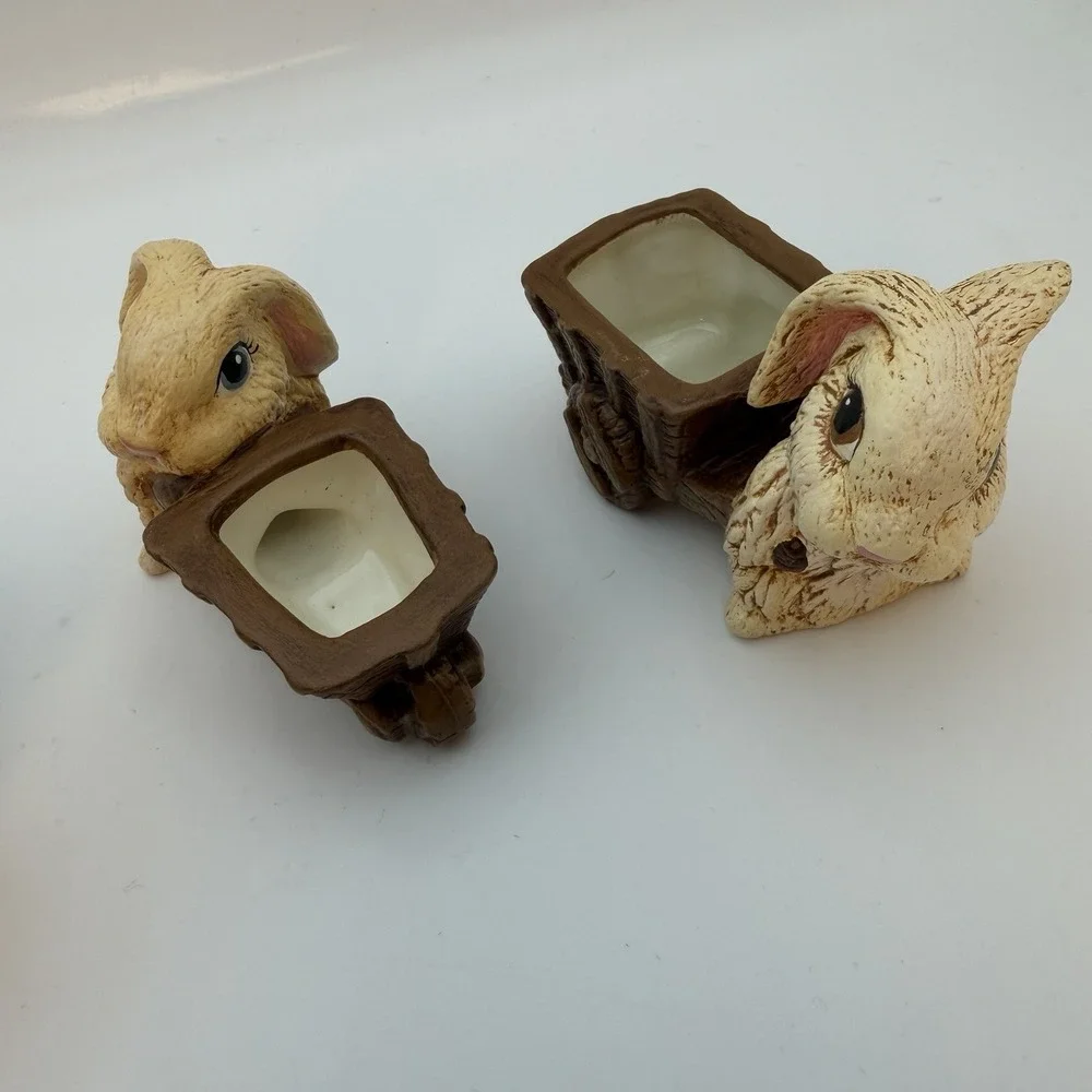 Lot of Three Rabbit Figurines Stone Resin‎ Ceramic Brown Tan Small Wheelbarrow